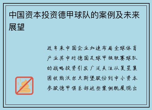 中国资本投资德甲球队的案例及未来展望